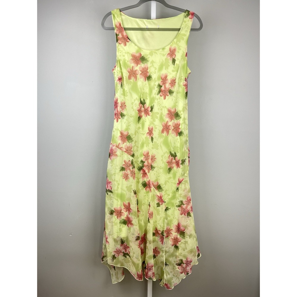 Fairycore Aysmmetrical Dress M? Lime Green Pink Floral Vintage Y2K Whimsigoth
